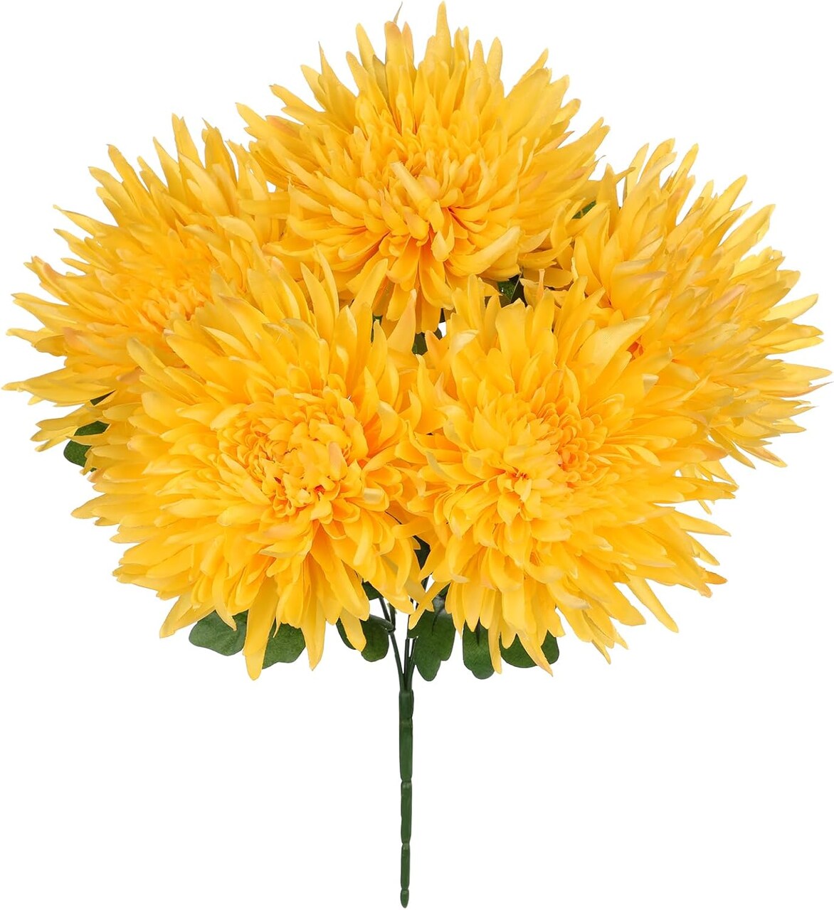 Yellow Artificial Mums Flower Bush – 5-Head Silk Chrysanthemum Faux Spider Mum Flowers with Stems for Wedding Bouquets, Large Floral Arrangements & Home Decor